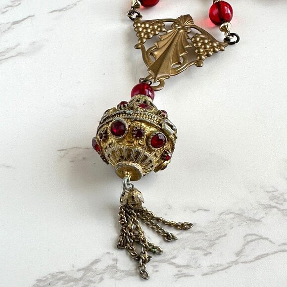 Vintage Red Glass Bead Necklace, Filigree Drop Pendant - Picture 8 of 12